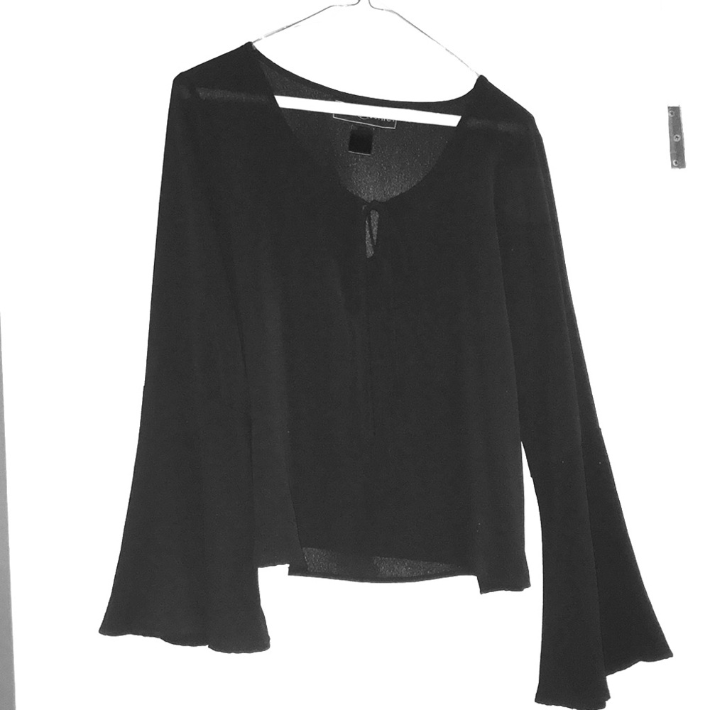 Black tie front bell sleeve blouse